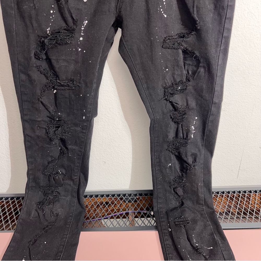 Men's Black Distressed Paint Splatter Jeans Size 40x32 Ripped Spandex Retro Edgy - Picture 4 of 16